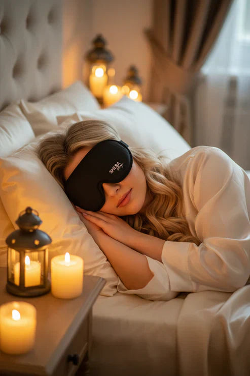 Beste sovemaske i Norge – dame sover med silk-sateng sovemaske